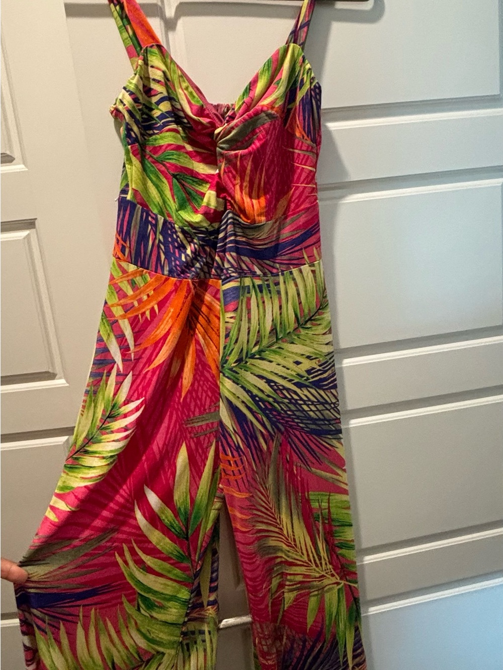 Tropical Palm-Print Wide-Leg Jumpsuit in Pink & Green
